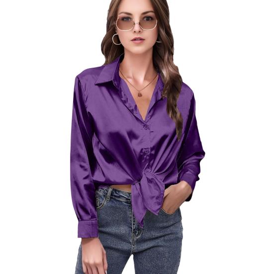 Women Shirt Lapel Long Sleeve Smooth Satin Shirt Tops Solid Color Loose Fit Casual Shirt Office Lady Shirt Daily Wear