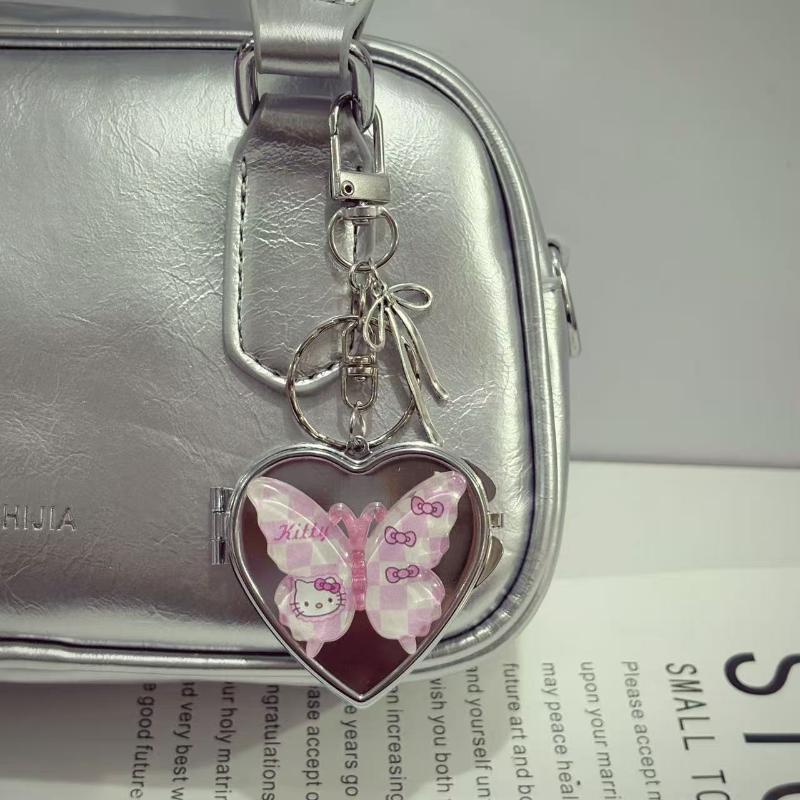 

Sweet Heart Shape Hello Kitty Folding Mirror Keychain Y2K Trendy Metal Keyring Car Key Holder Bag Pendant Decoration Gifts