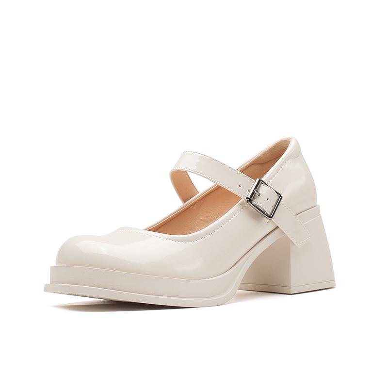 Mary Jane High Heels One-word Buckle Belt Square Head Patent Leather Temperament Thick Heel Single Shoes Are Not Tired