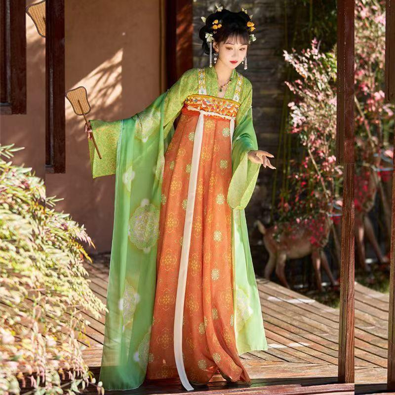 Authentic Tang Dynasty Style Hanfu Set Womens Wrap Skirt Outfit With Floral Print Embroidery