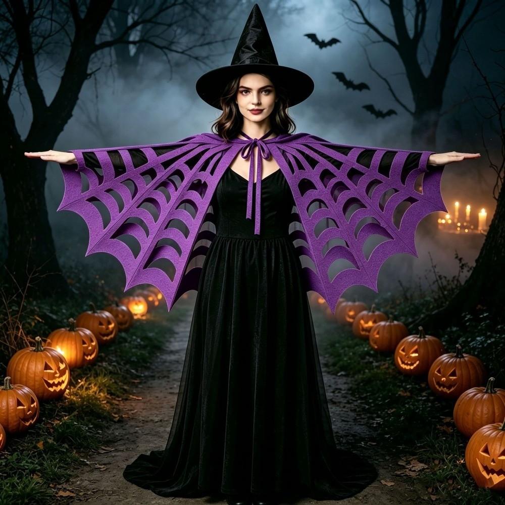 Solid Color Halloween Cape Hollow Out Spiderweb Shawl Retro Felt Mesh Cape Adult