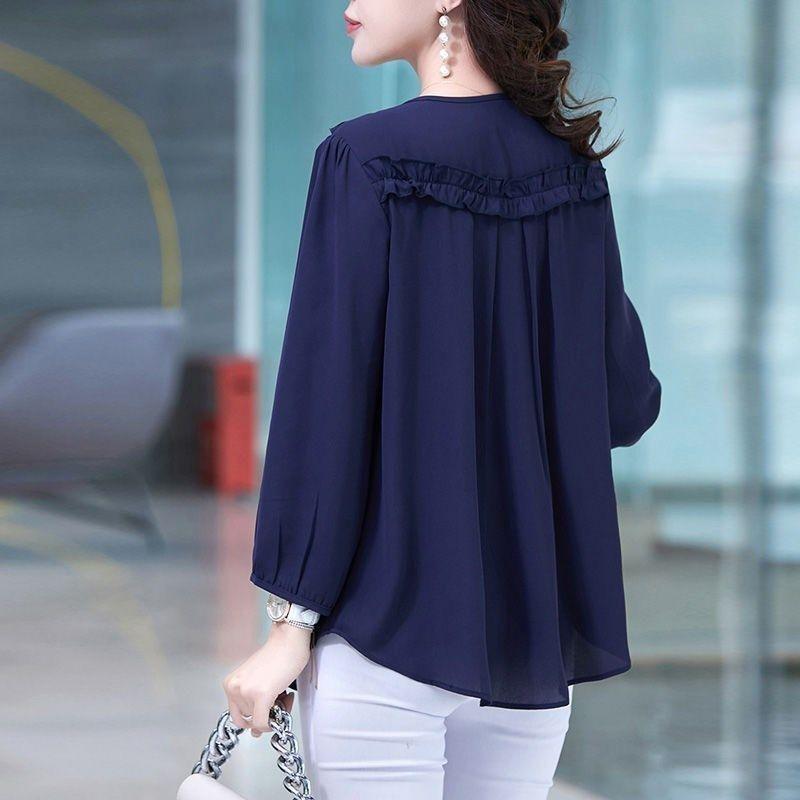 Camisa Coreana de Color Sólido con Pliegues Elegantes Primavera Otoño Manga Nueve Cuartos Ropa Femenina Cuello O Para Ir al Trabajo Blusa de Botonadura Sencilla