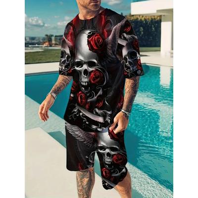 Pantaloni Scurți Bărbați cu Imprimeu Craniu Secerător Trendy de Vară Îmbrăcăminte Tricou de Stradă Bărbați Set Două Piese Trening 3D cu Mânecă Scurtă