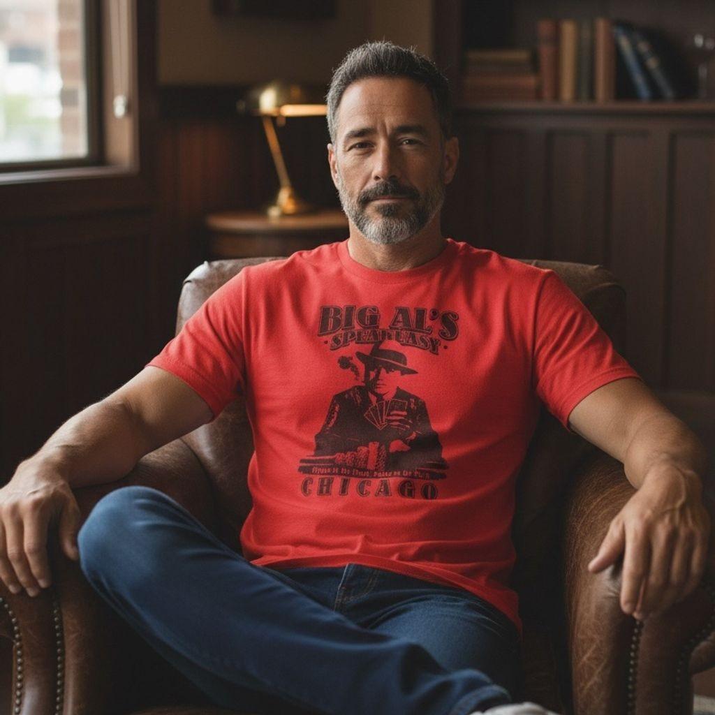 Big Al s Speakeasy Men s Red Graphic T-Shirt Size L Vintage Theme Al Capone L