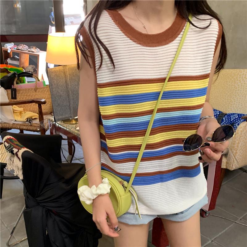 Korean Style Summer Striped Sleeveless Ice Silk Vest for Women