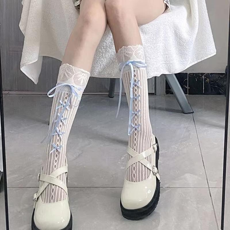 Striped Fishnet Long Socks Breathable Ballet Ribbon Socks Stockings For Women Cute Lace Stocking For Daily Wardrobe School