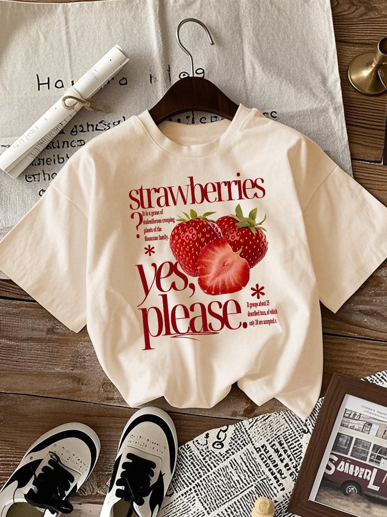 Strawberries Fruit Yes Please Printed Tee Shirts Woman Cotton Crewneck T Shirt Sport All-Match Streetwear Casual Loose Clothes