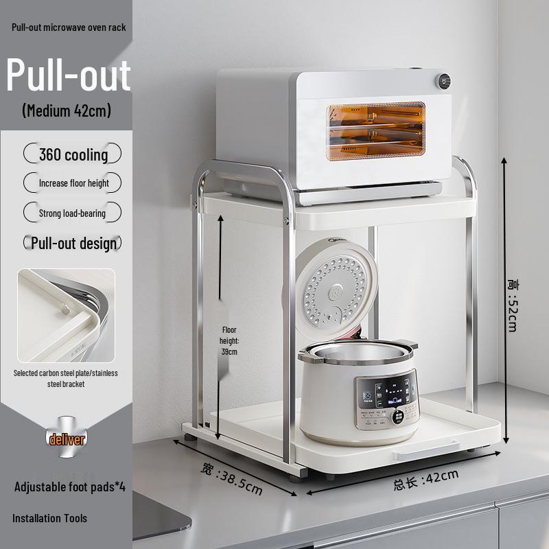 Double Layer Microwave Oven Storage Rack - Multi-functional Kitchen Countertop Shelf with Pull-out for Rice Cooker