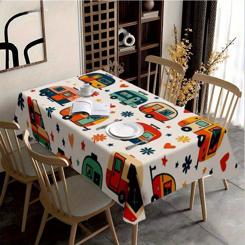 Camper Pattern Tablecloth for Table Waterproof Rectangle Reusable Color Ful Cartoon Table Cover for Holidays Indoor Outdoor
