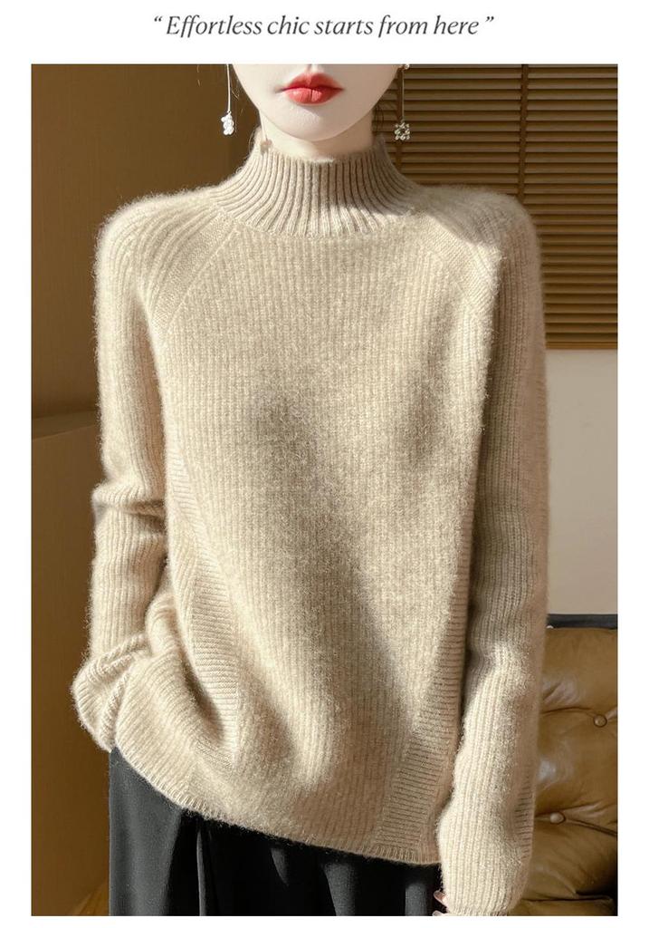 2025 Autumn/Winter Women's Wool Ribbed Loose Knitwear with Seven-Stitch High Neck - Soft, Versatile, and Trendy.