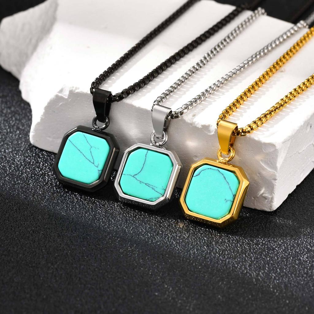 Vnox Stainless Steel Square Pendant Necklace for Men Women, Tiger Eye Turquoise Natural Stone Pendant Box Chain Jewelry Gifts