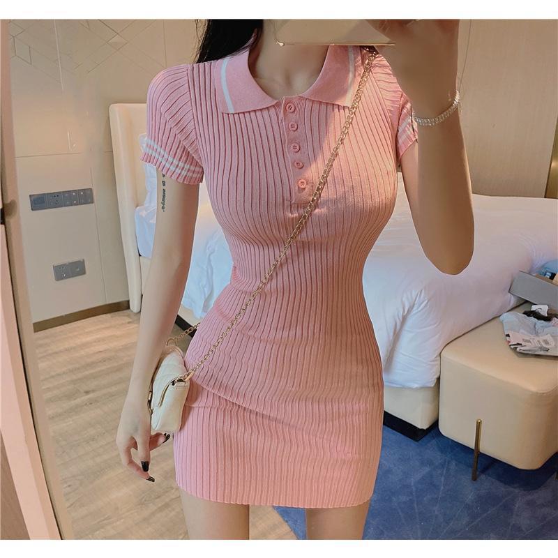 Sweet Summer Polo Collar Knit Dress: Slimming Short Sleeve Hip-Hugging Style