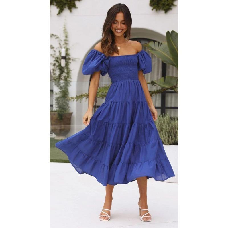 Summer New Bubble Sleeve Holiday Skinny Long Dress Spice Girl High Waist Shoulder Printed Dress Women
