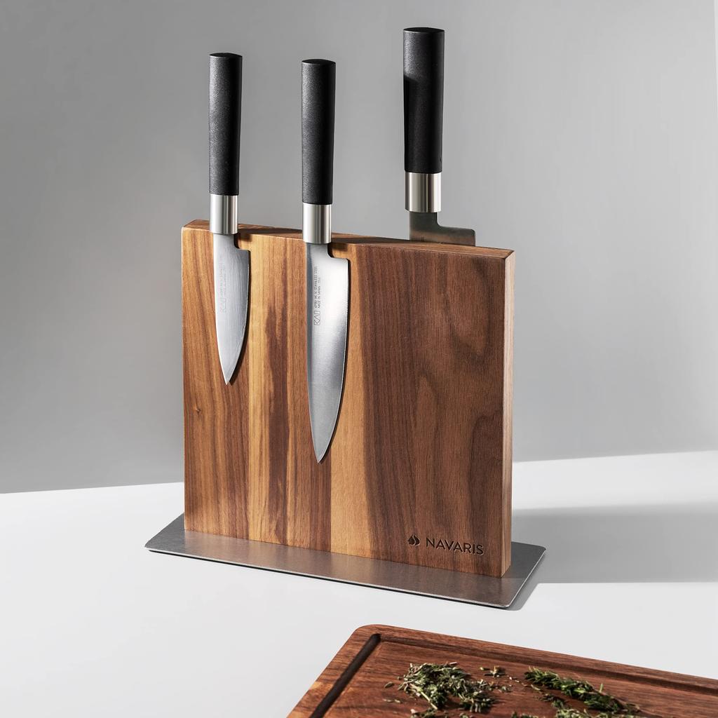Navaris Magnetic Knife Knife Knife Holder Knife Kitchen Walnut Block, Stand, - Non-Slip Storage, Space-Saving - Double-Sided Storage, 25x23x10cm,