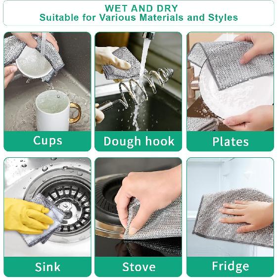 10Pcs Multipurpose Wire Dishwashing Rag, Reusable Non-Scratch Wire Dishcloth, Metal Dish Cloth Wet and Dry for Kitchen Cleaning, Sinks, Dishes, Stove