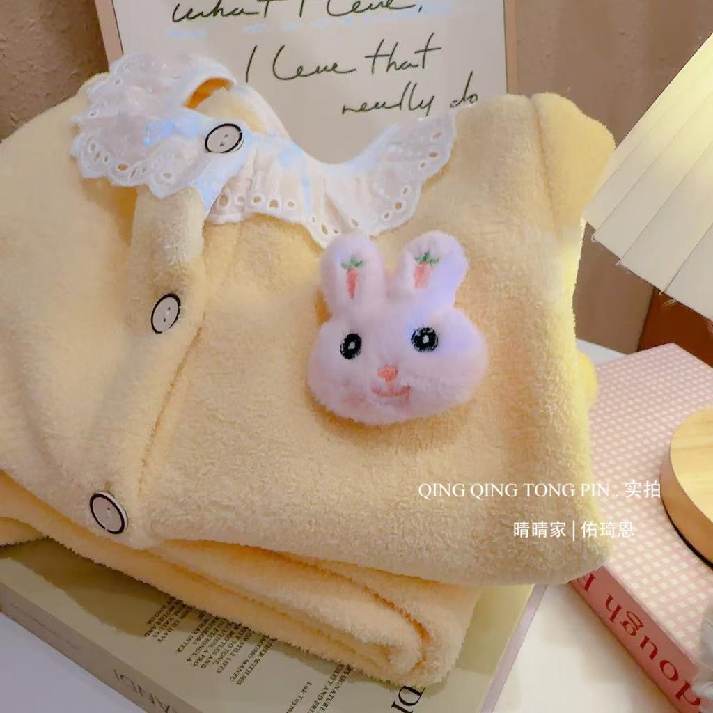 [Warm Winter] Kids Lace Homewear Two-Piece Set Girls Round Neck Casual Pajamas