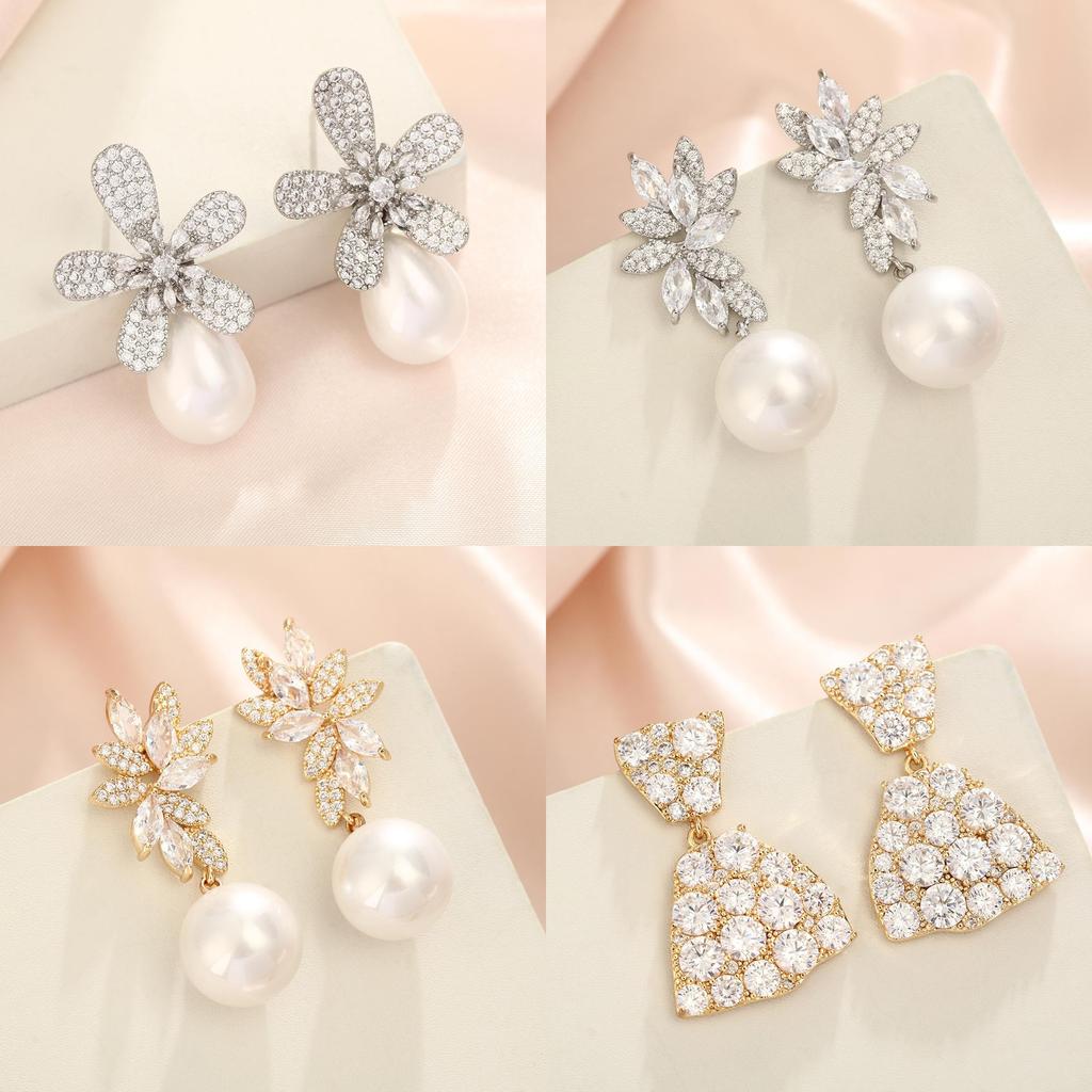 Geometric Pearl Drop Earrings With Cubic Zirconia For Elegant Women