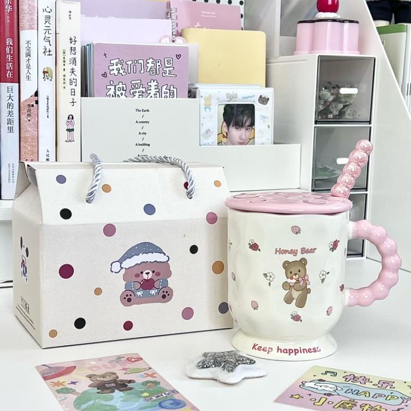High Looking Cute Little Bear Goblet Cartoon Ceramic Mug with Lid Spoon Girl Coffee Cup Birthday Gift