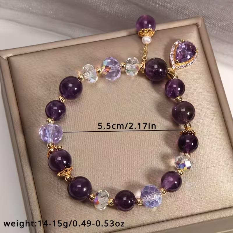 Fashion Purple Crystals Beaded Bracelets for Women Round Beads Purple Four-leaf Clover Drop Bracelet Lucky Stretch Hand Chain Jewelry for Wedding