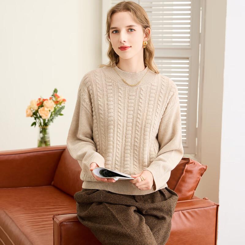 TUHUANG Women's 100% Merino Wool Cable Knit Semi-High Neck Pullover Sweater