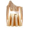 Kids Girls Metallic Stage Costume: One Shoulder Long Sleeve Sequined Crop Top & High Waist Pleated A-Line Skirt for Jazz Dance