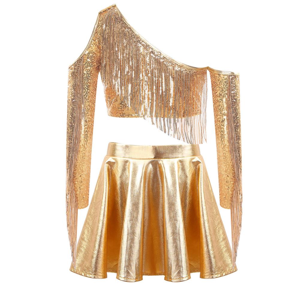 Kids Girls Metallic Stage Costume: One Shoulder Long Sleeve Sequined Crop Top & High Waist Pleated A-Line Skirt for Jazz Dance