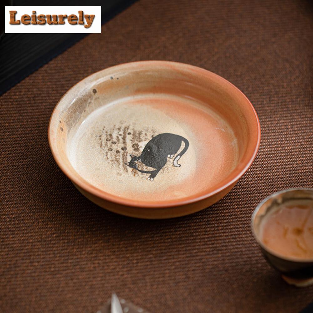 Creative Hand-painted Zhiye Cat Pot Holding Holder Dry Brew Table Tea Tray Ceramic Insulation Pad Fruit Snack Plate Accessories