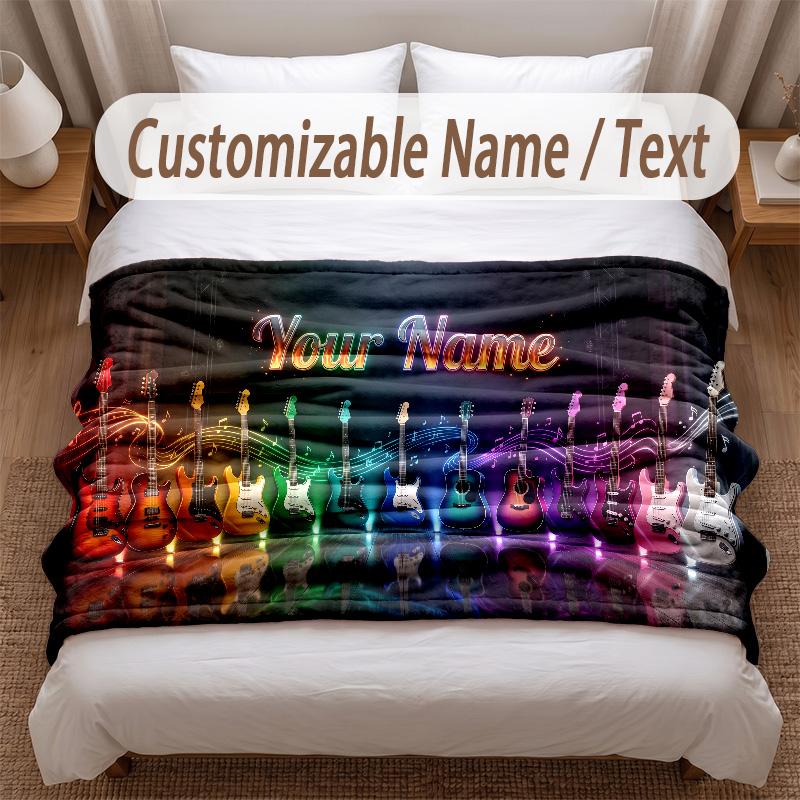 Music Guitar Theme Soft Blanket Personalized Custom Name Text Print Warm Blanket Home Sofa Bedroom Decor