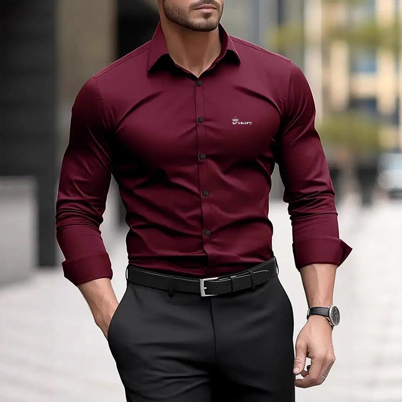 Spring and Autumn Men's Long Sleeve Collar Solid Color Shirt Men's Casual Thin Fashion Button Open Shirt Micro Elastic