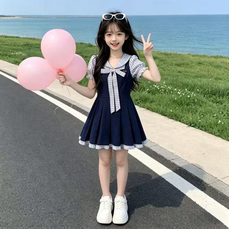 Mädchen Sommer Preppy Prinzessinnenkleid Mit Schleife Kurzarm Midi-Kleid Für Große Kinder