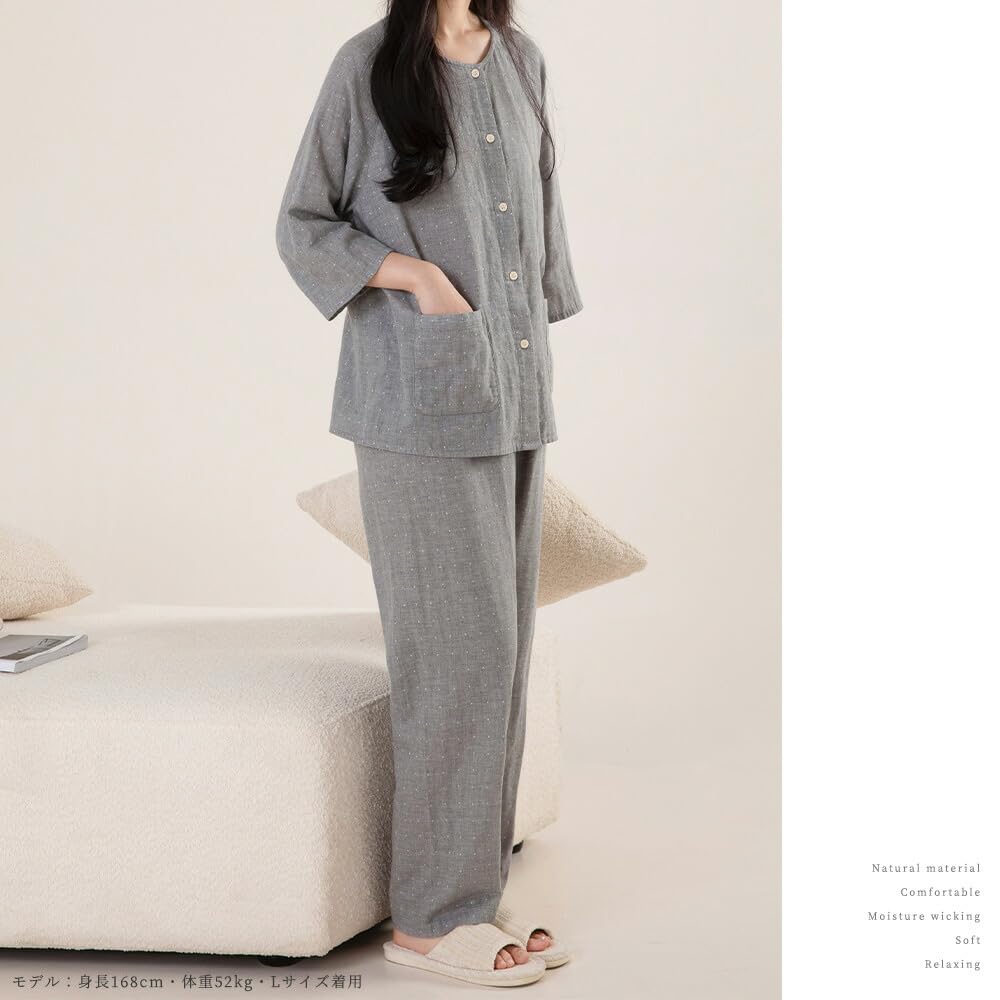 Yes Family Double Gauze Pajama Polka Dot XL Women's Set, 100% Cotton, 3/4 Sleeves, Pattern,