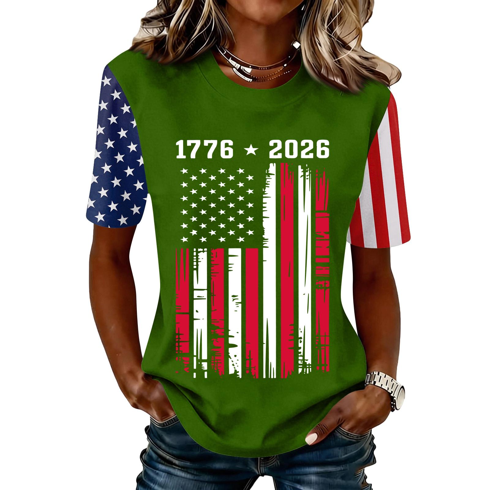 

Short Sleeve Crew Neck T Shirt with 1776 2026 Print Distressed Flag Graphic Casual Fit Lightweight Top XXXL