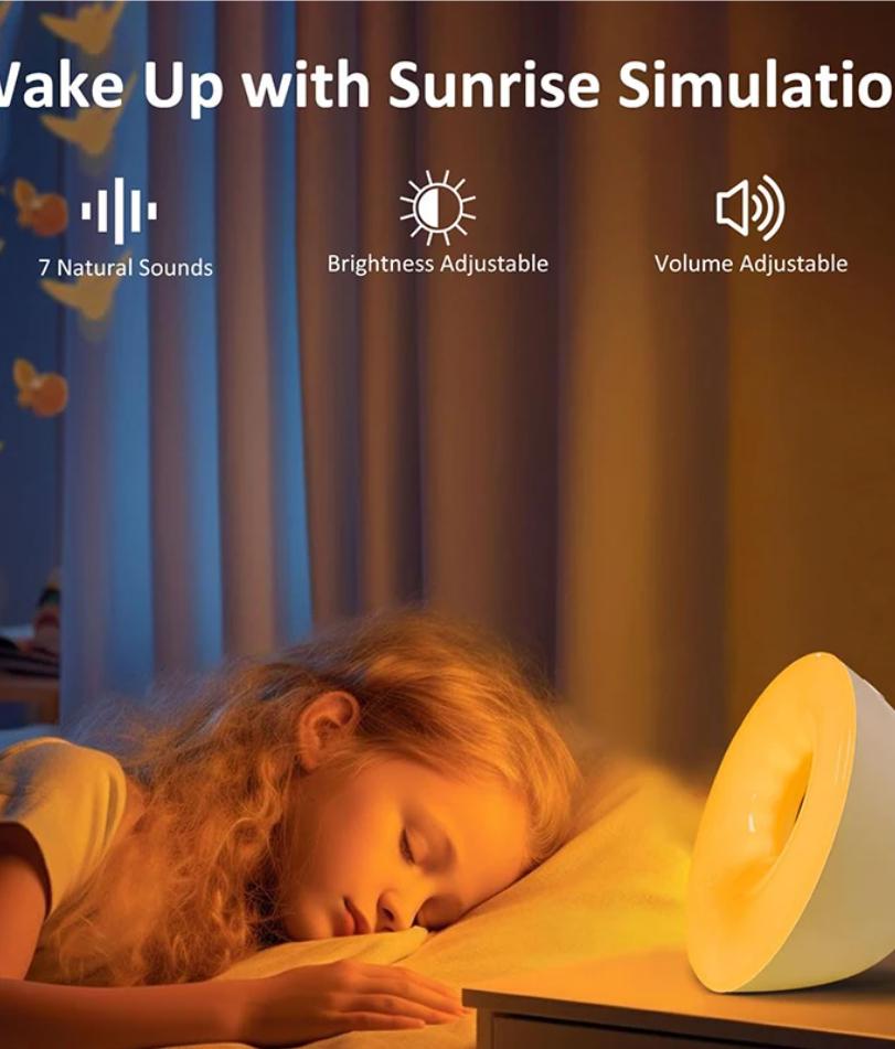 Relógio com alto-falante Bluetooth, despertador com luz de despertar e simulação de nascer do sol e pôr do sol, luz noturna colorida, tocador de música