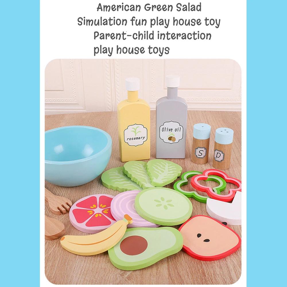Non-Toxic Kitchen Toy High Quality Pretend Play Kids Simulation Wooden Food Salad Set Creative Wooden Fruit Toy Early Education Play House