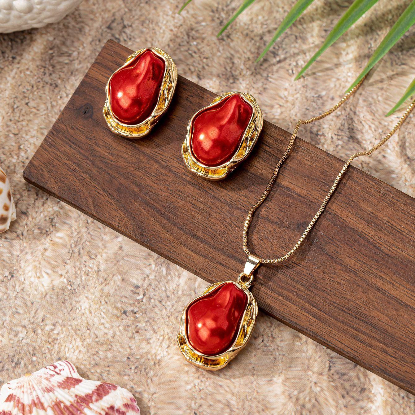 

Women s Jewelry Set Red Asymmetrical Imitation Pearl Inlaid Vintage Earrings and Necklace Set Suitable for Daily Wear and Gift Giving червоний
