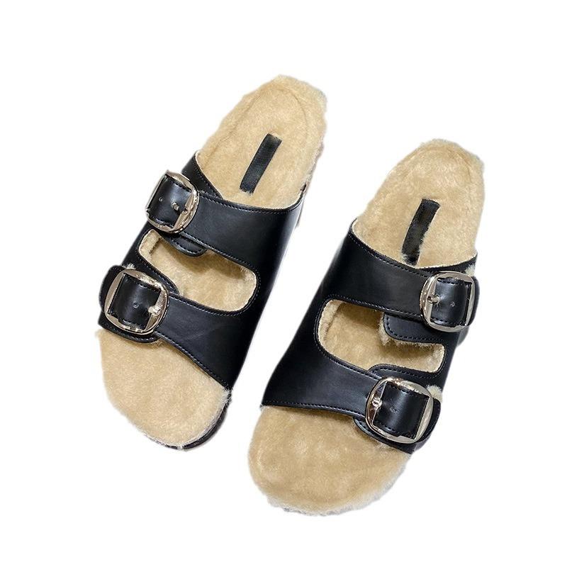 Su Yinjia has the same cotton mop with strong autumn meaning~ retro double-buckle velvet cotton slippers thick-bottomed Boken fluffy slippers