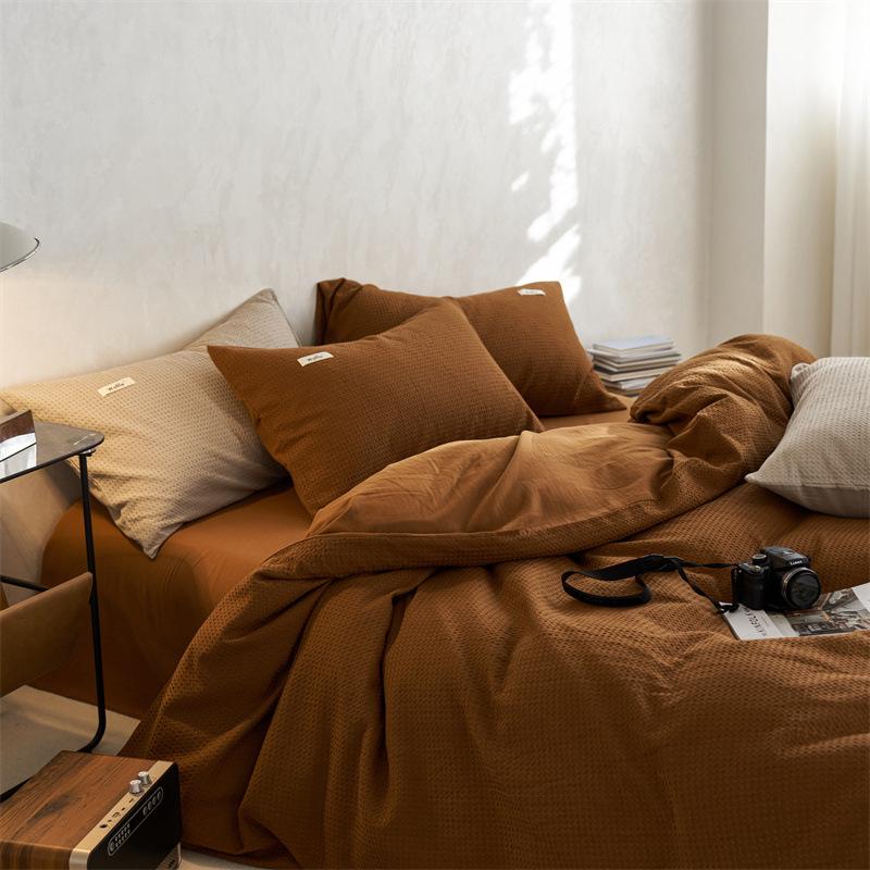 Class A, Maternal And Infant Grade Cotton Double-Layer Yarn 4Pcs Set, Pure Cotton Dormitory 3Pcs Set, Solid Color Bed Sheet Waffle Single Quilt Cover