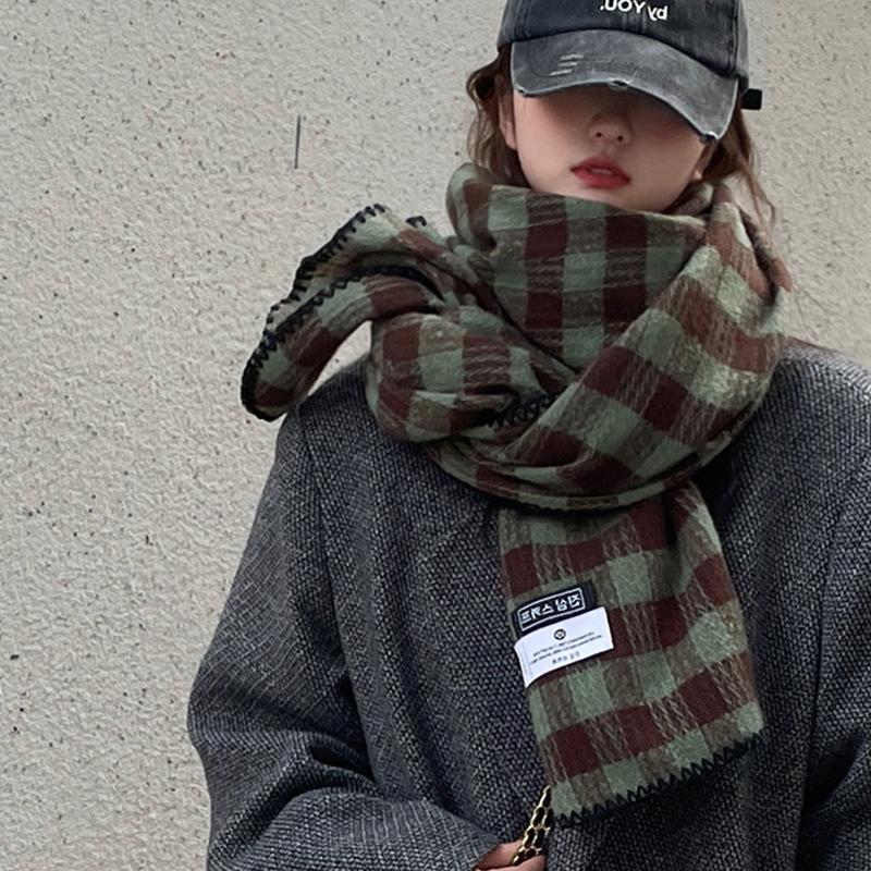 

Winter Thickened Green Retro Plaid Scarf Women s Korean Style Student Shawl Warm Neck Warmer One Size