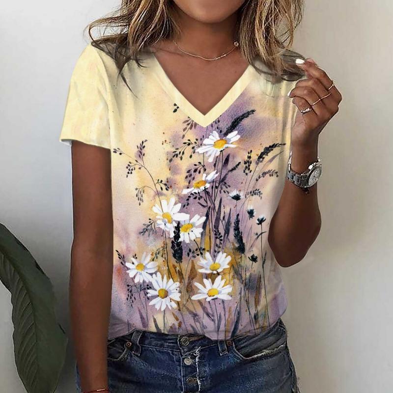 Fashion Sunflower Floral 3D Print T Shirt Summer Women V-Neck T-shirts Harajuku L
