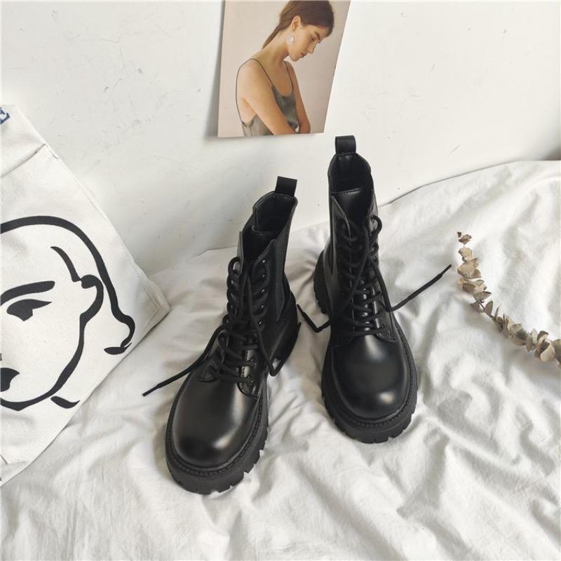 Women's shoes autumn and winter cotton shoes medium top new Martin boots velvet versatile round head medium tube boots women's platform single shoes