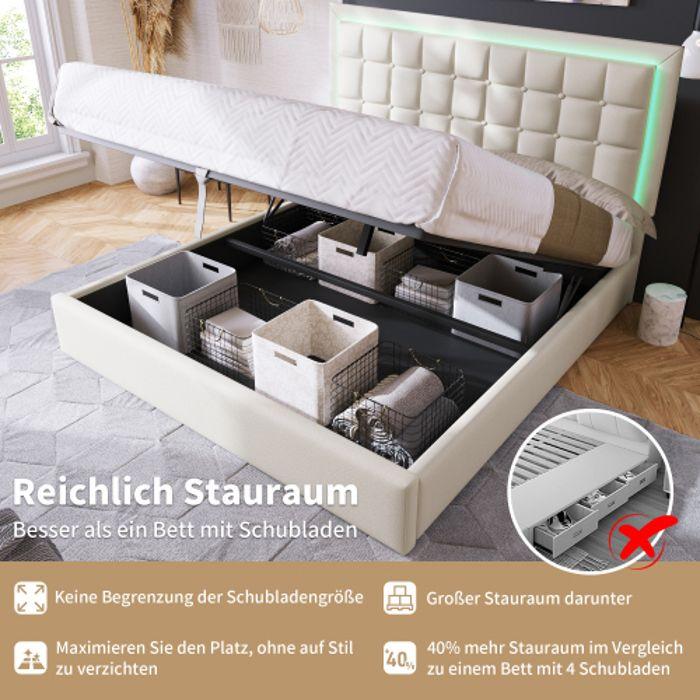 Lit double - MUVOE - 140x200 cm - Similicuir blanc - Éclairage LED - Rangement intégré