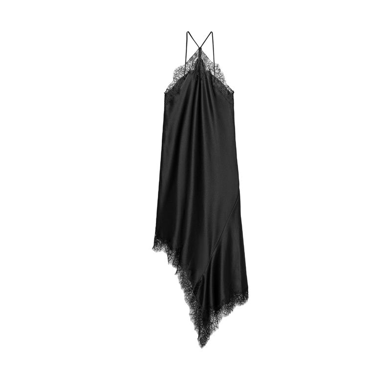 Summer New Product Women's Clothes Hanging Collar Asymmetric Hem Lace Silk Satin Texture Dress 5919201