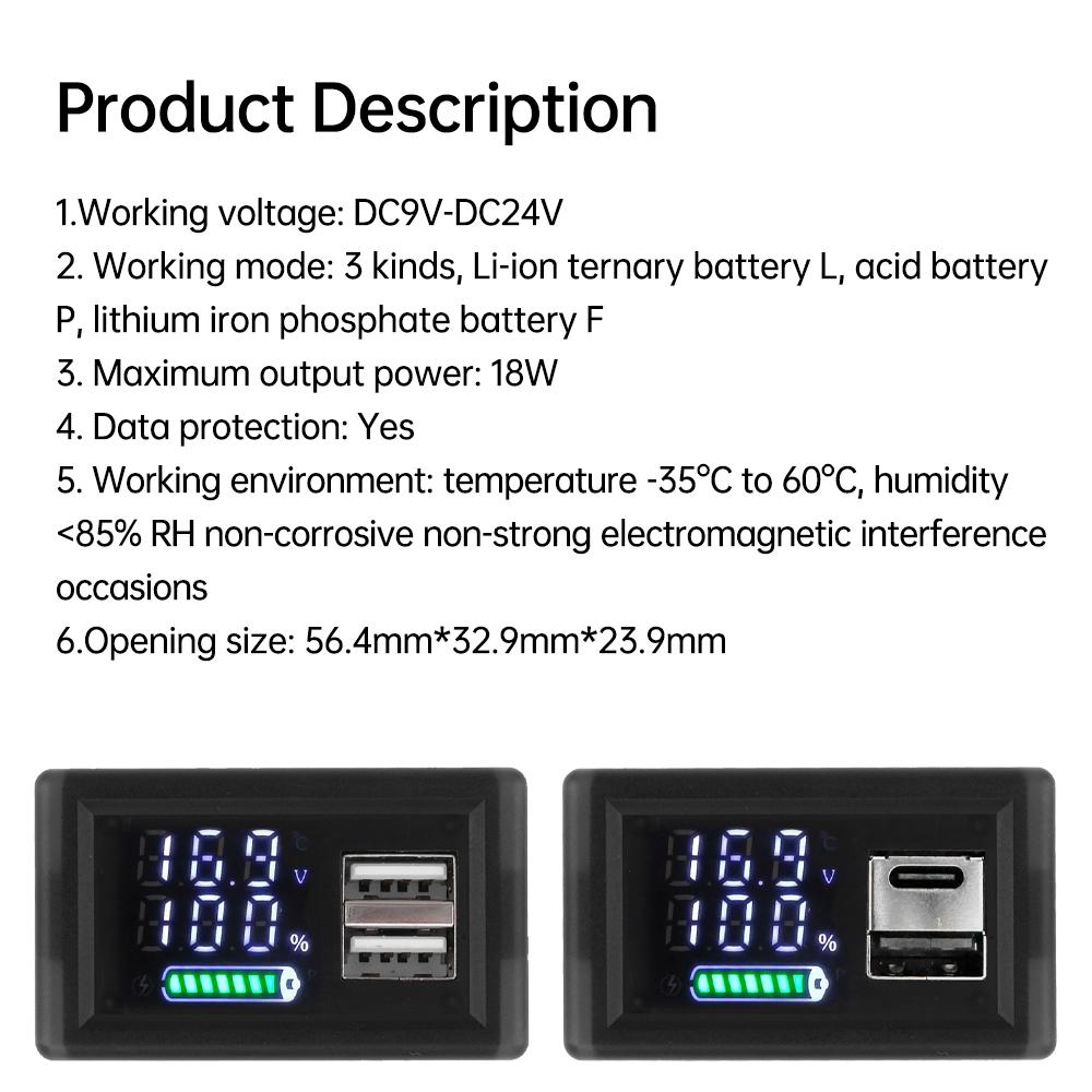 ZFX-3079 Acid Battery lithium DC 9~24V Universal LED Dual Digital Display Power Indicator Dual Interface Voltmeter USB Type-C