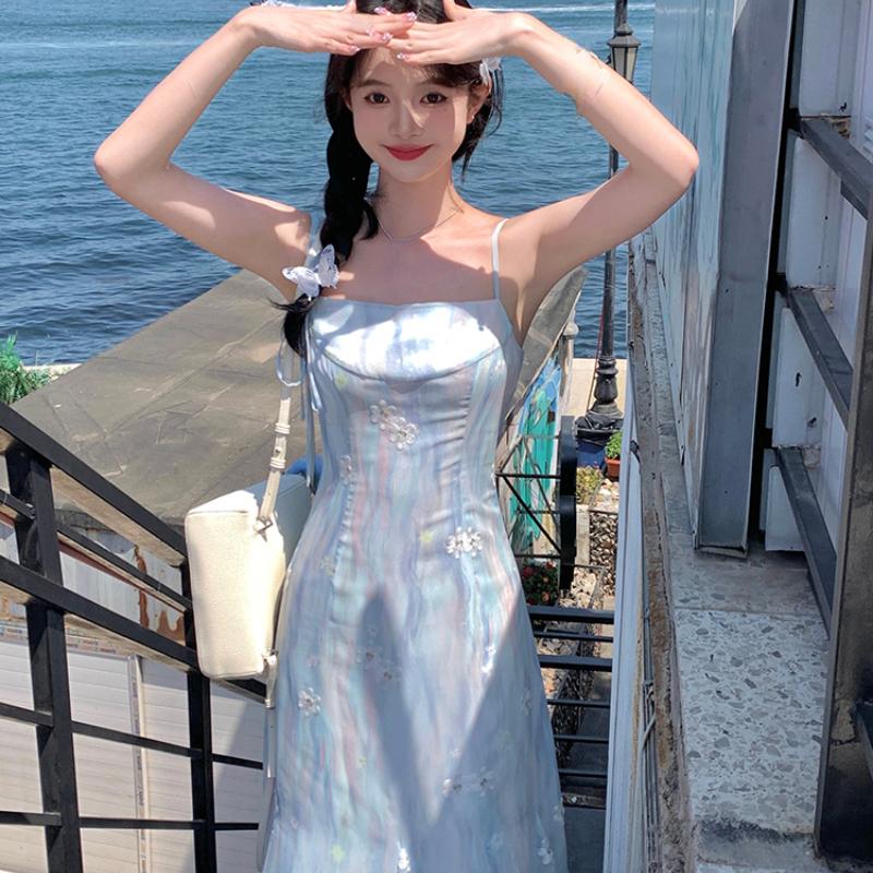 Summer Elegant Blue Chiffon Midi Dress Women Beach Casual Embroidery Floral  One Piece Dress Korean Fashion Evening Party Vintage  buy the best  products in the Ayzeze online store