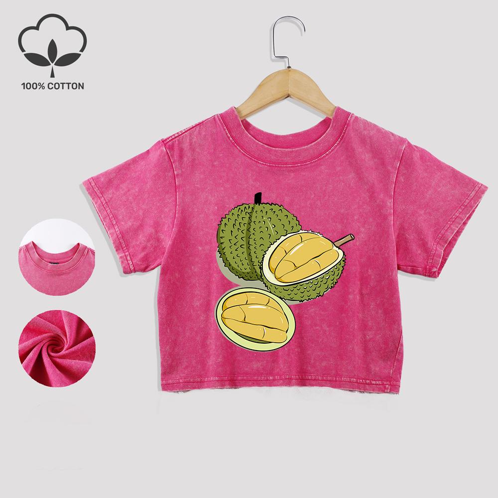 

Delicious Durian Printing Cotton Crop Tees Fashion Summer Lace Hem Washed T-Shirts Regular Fit Distressed Tops Casual Clothes XL