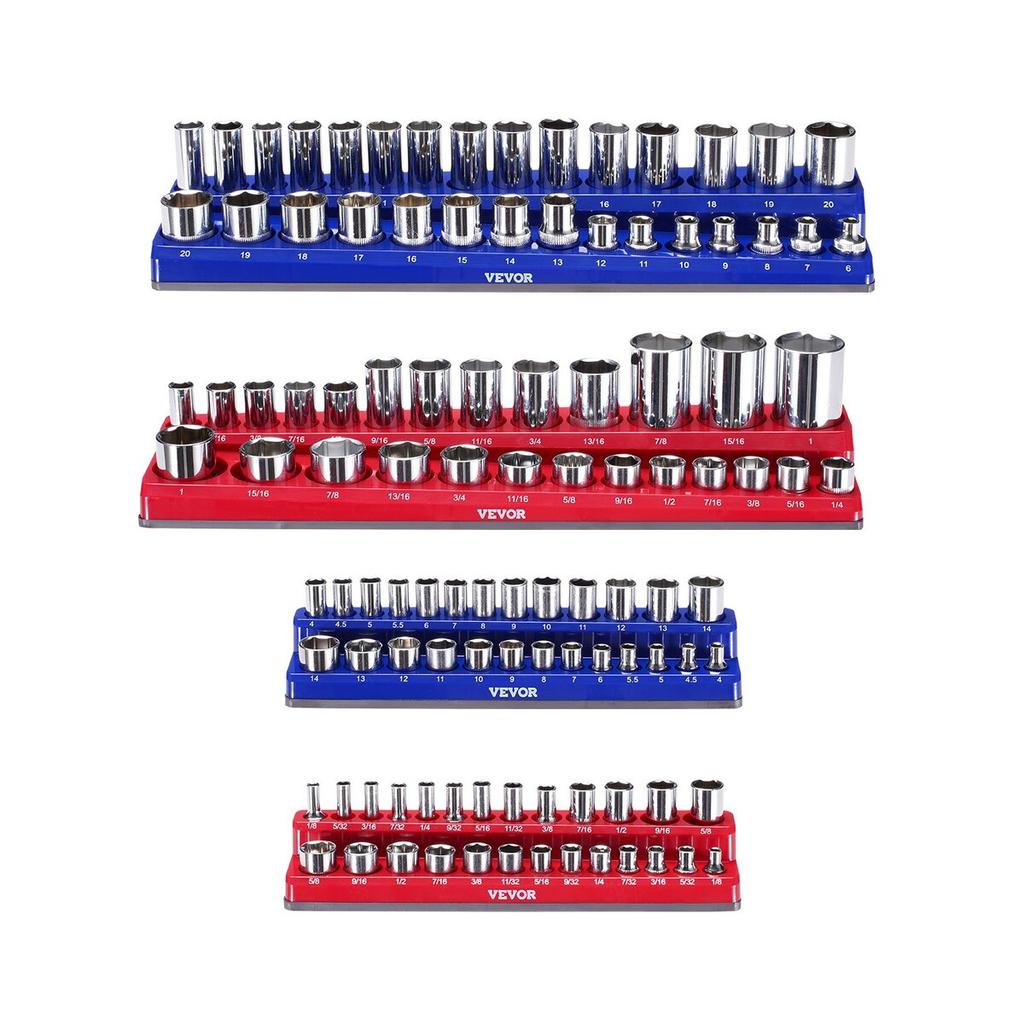 Magnetic Socket Organizer Set 4PCS Socket Trays Blue & Red for Metric SAE
