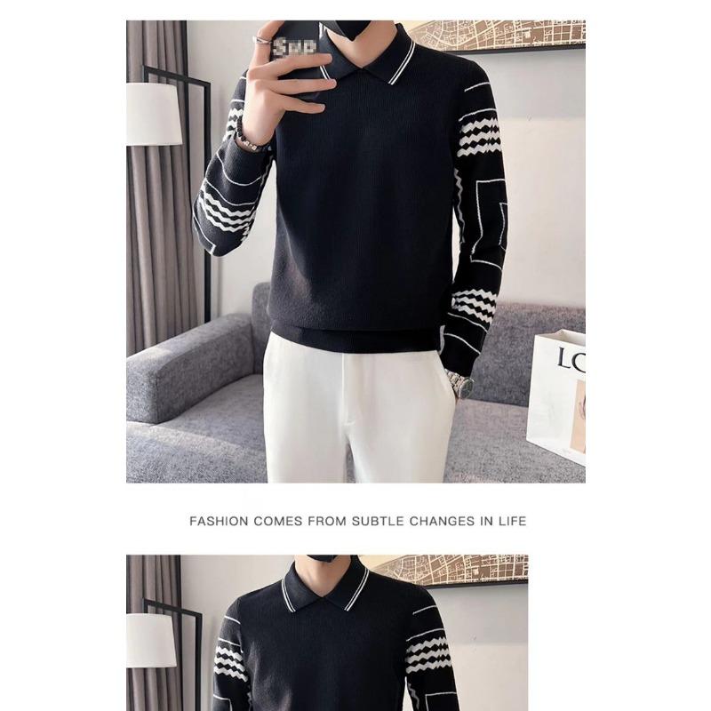 Polo Collar Sweater Men's Slim Fake Two-piece Knitted Bottoming Shirt Autumn and Winter Fashion Contrasting Geometric Top