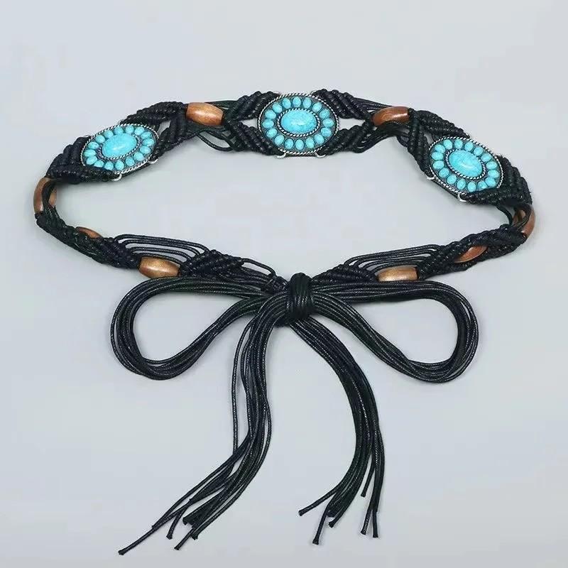 Ethnic Bohemian Leather Waist Rope With Turquoise Resin Beads For Women