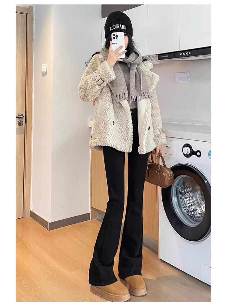 Women's Fleece-Lined High-Waisted Black Flared Denim Pants - 2025 Autumn/Winter Trend