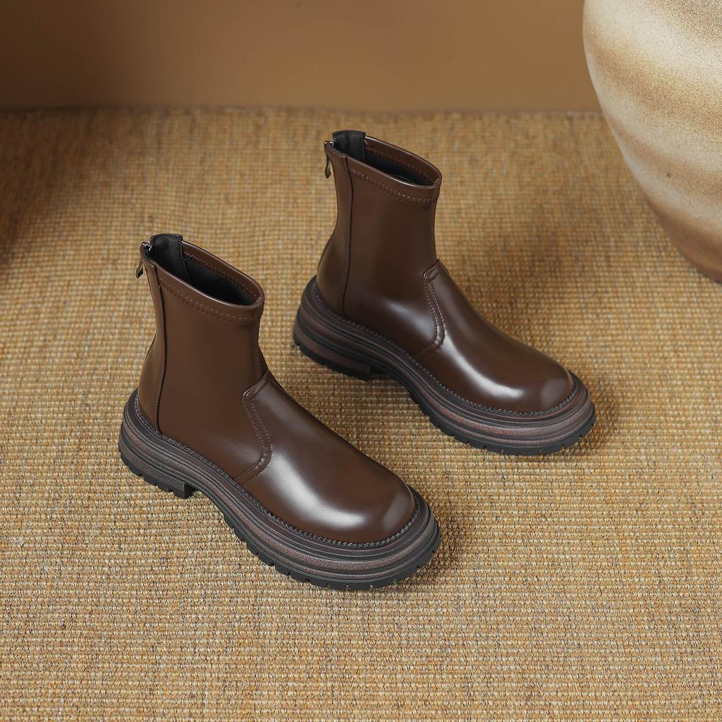 Krazing Pot Microfiber Autumn Winter Shoes Thick High Heels Zipper Platform Size 43 Motorcycle Boots Brown Color Ankle Boots